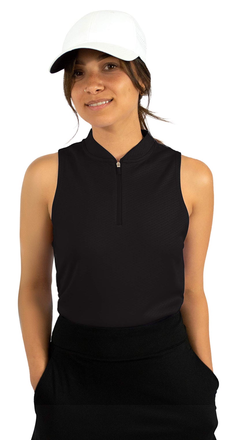 Three Sixty Six Womens Sleeveless Collarless Golf Polo Shirt with Zipper - Quick Dry Tank Tops for Women Black - Image 1